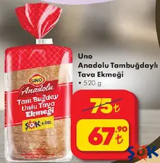 UNO ANADOLU TAMBUĞDAYLI TAVA EKMEĞİ 520 G fiyat ve kampanya bilgisi